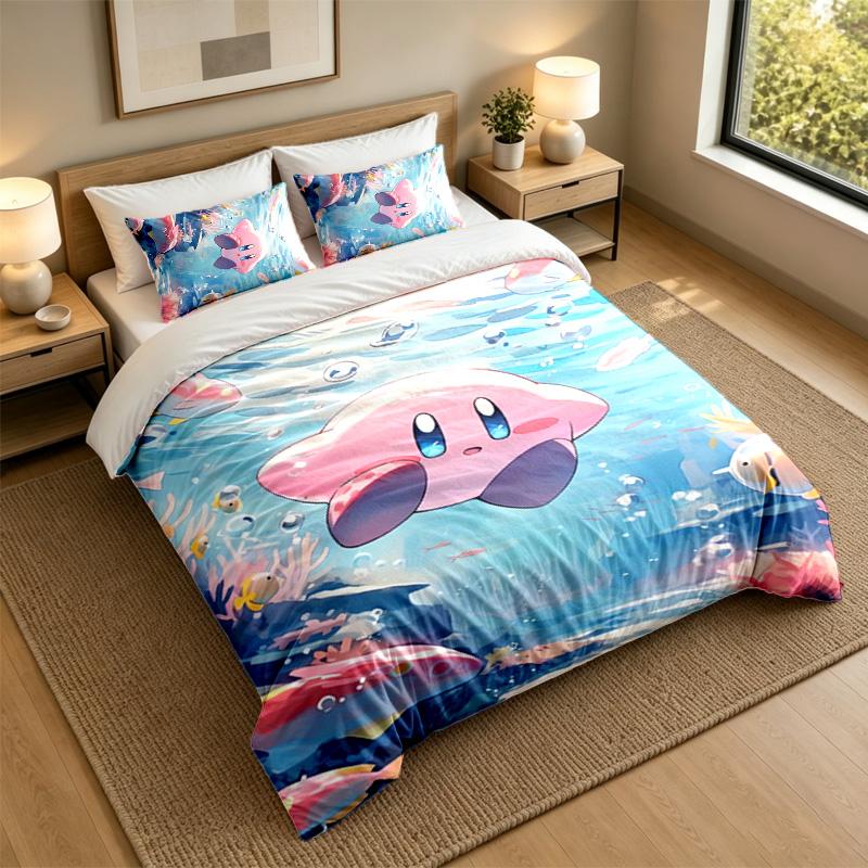 Soft Bedding Set Kirby Pattern, 1 Duvet Cover Plus 2 Pillowcases Stylish Bedroom Home Textile