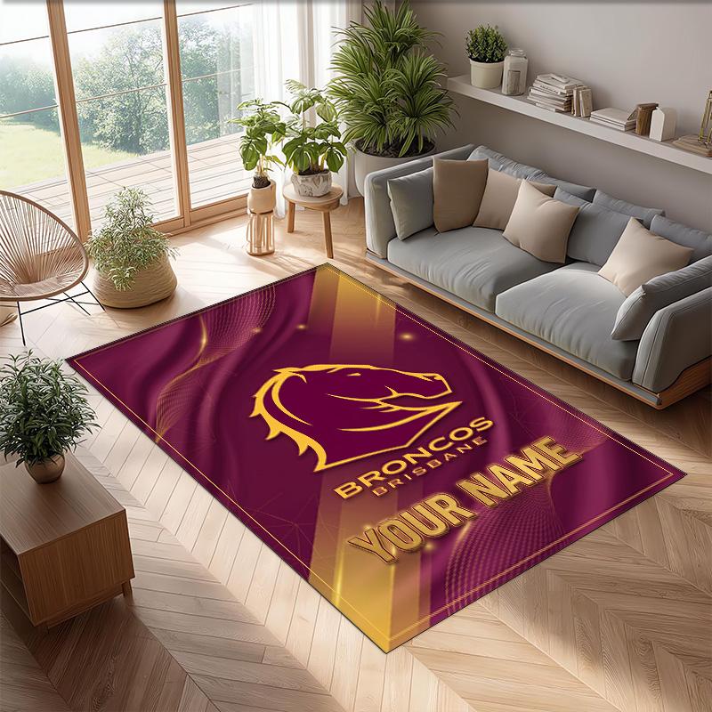 Brisbane Broncos Crystal Velvet Rug, Custom Name Text Personalized Non‑Slip Floor Mat for Home Decor Gift