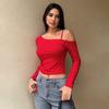 European And American Slope Collar Sweet And Spicy T-shirt Spring And Summer Navel-baring Design Short Red Top For Women