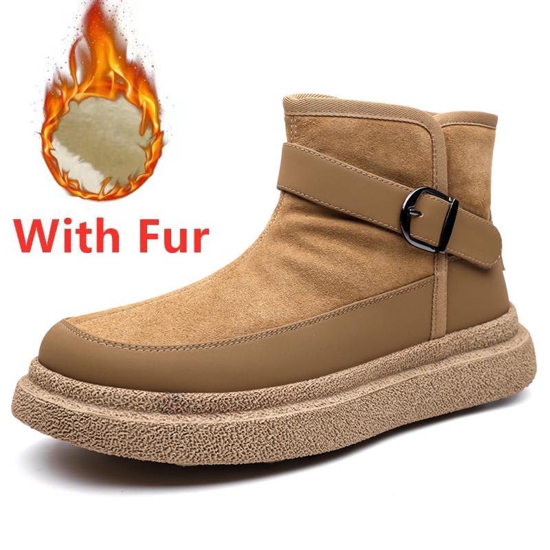 

Новый тренд Мужские ботильоны Натуральная кожа Мужские мотоциклетные ботинки Универсальная повседневная обувь с высоким верхом Классические зимние плюшевые сапоги для снега 44