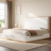 140x200 Upholstered Platform Bed with Hydraulic Storage Space under the Bed, White + Natural Wood Tones