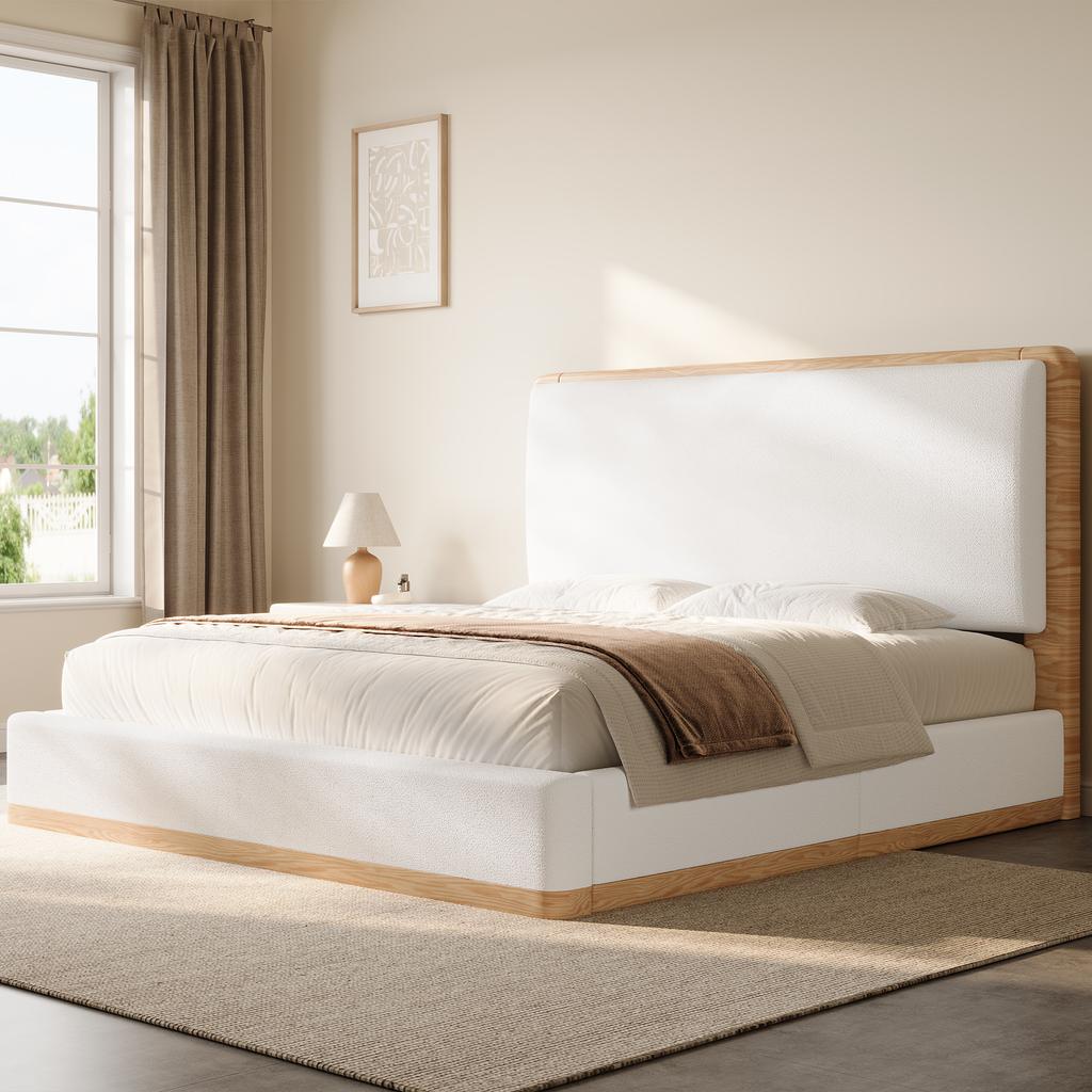 140x200 Upholstered Platform Bed with Hydraulic Storage Space under the Bed, White + Natural Wood Tones