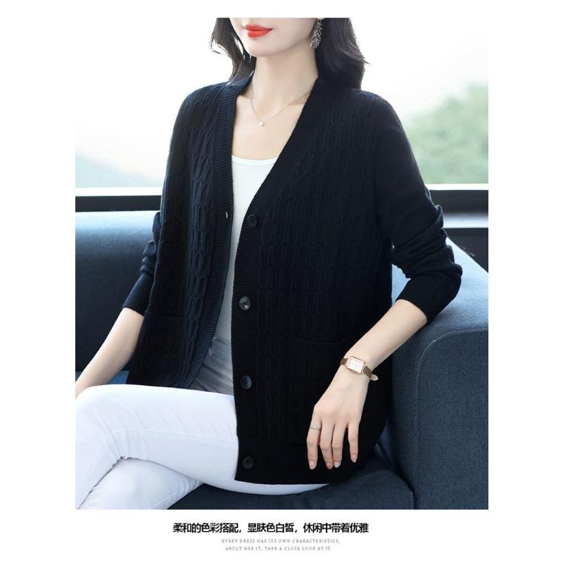 Women's Black V-Neck Knit Cardigan Button Front Long-Sleeve Loose Casual Blouse