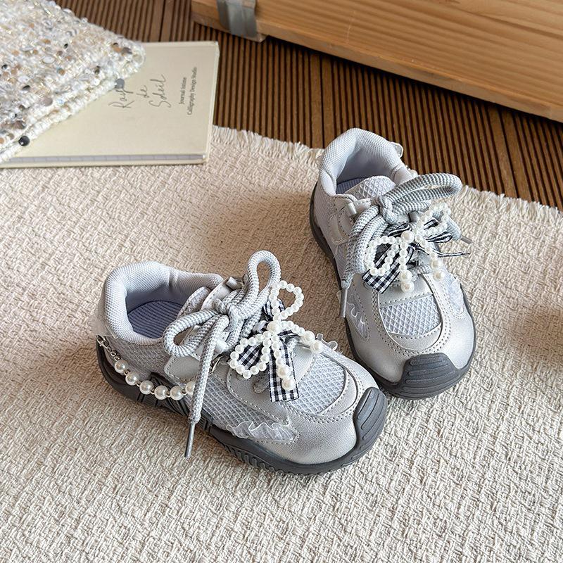 Korean Style Girls  Bow Pearl Sneakers - 2026 Breathable Mesh Casual Princess Shoes for Spring 25