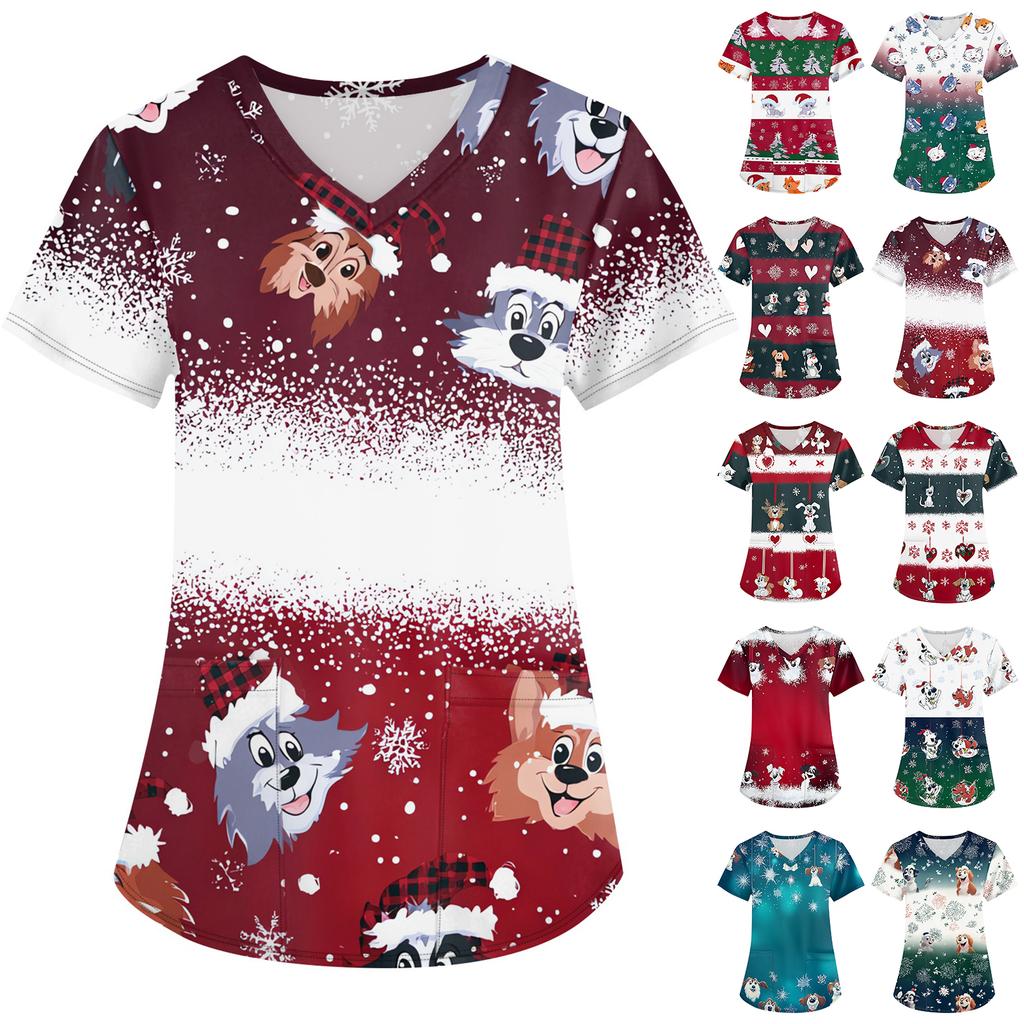 Dámské módní pracovní oděvy s krátkým rukávem a výstřihem do V s kapsami Vánoční topy s potiskem