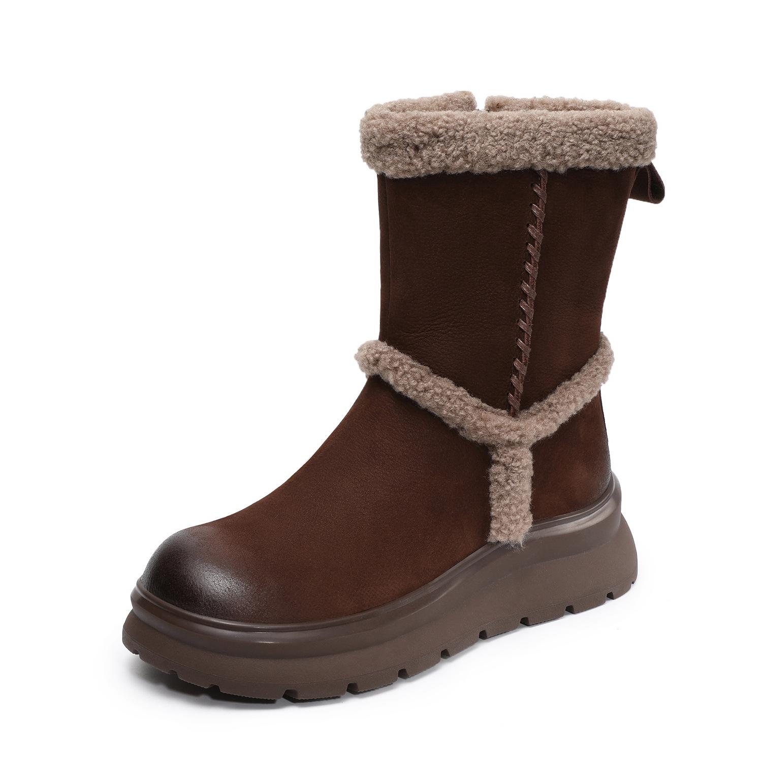 

Johnature Genuine Leather Retro Women s Mid-calf Boots Plush Warm Soft Soled Cotton Shoes Snow Boots 39