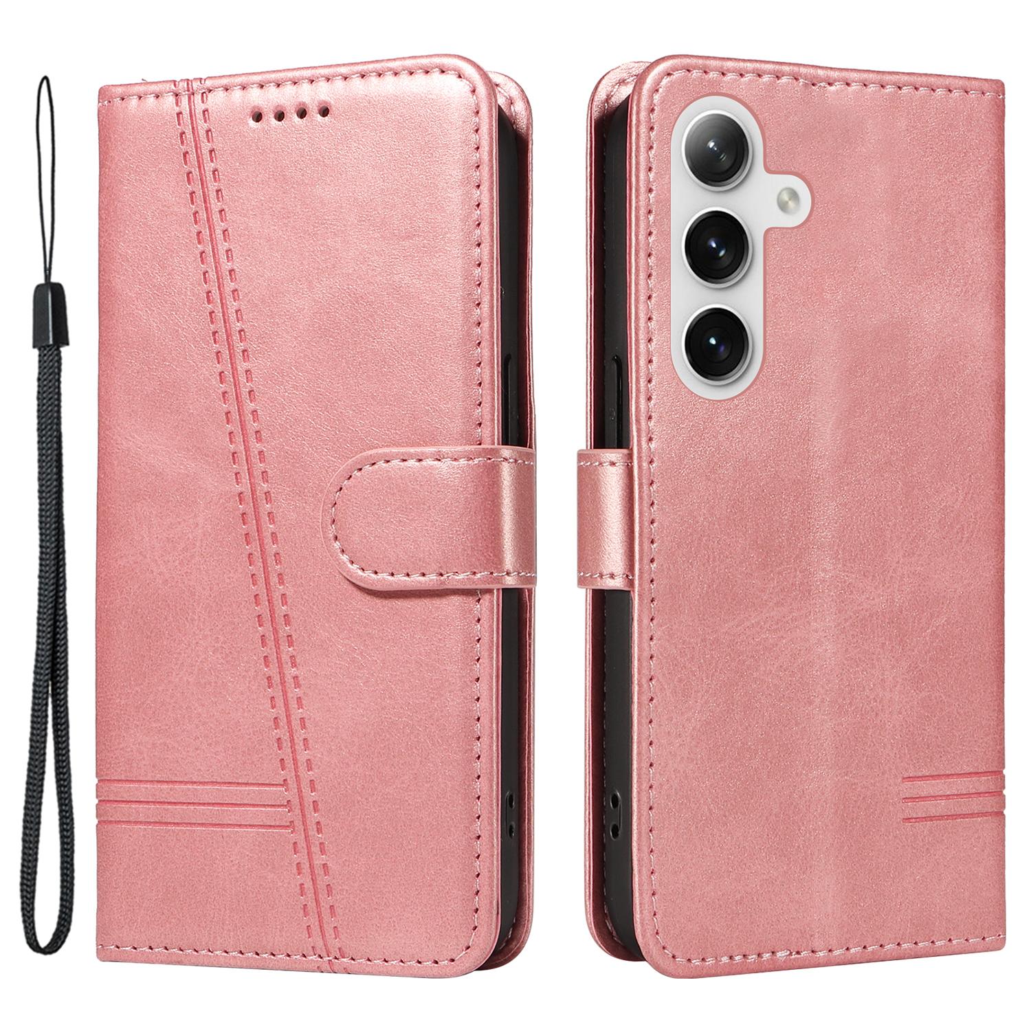 

For Samsung Galaxy S23 FE Case Phone Leather Cover T-Shaped Lines Imprint Rose Gold