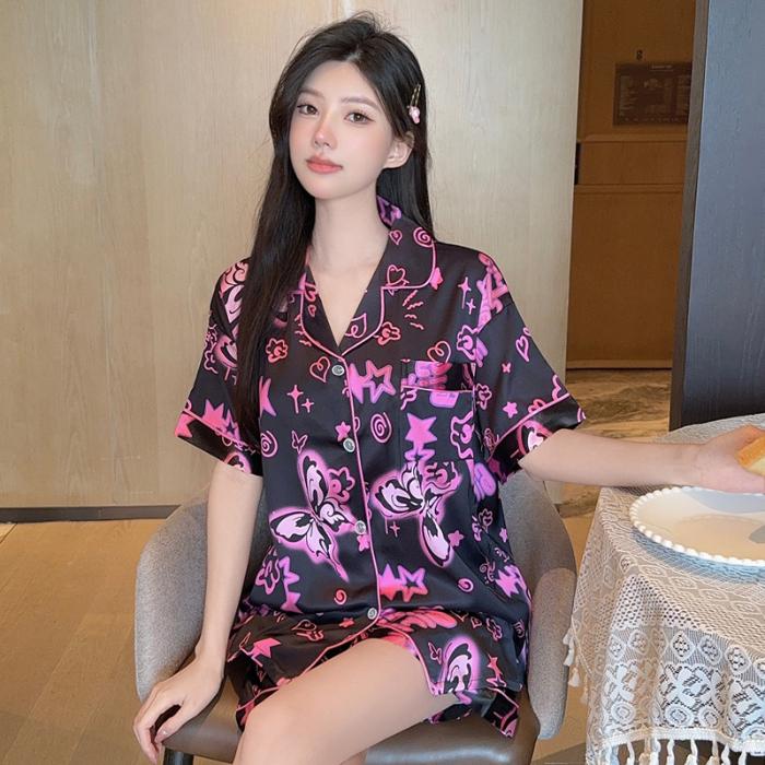 

Летняя пижама с коротким рукавом для женщин, элегантный розовый с графическим принтом, женский комплект из 2 предметов, шелковая модная пижама, сексуальный атласный пижамный комплект XXL