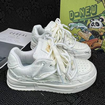 2024 Thick Sole White Shoes Trendy Rough Selvedge Flat Shoes for Women Comfortable Vulcanized Shoes New Designer Sneakers Woman