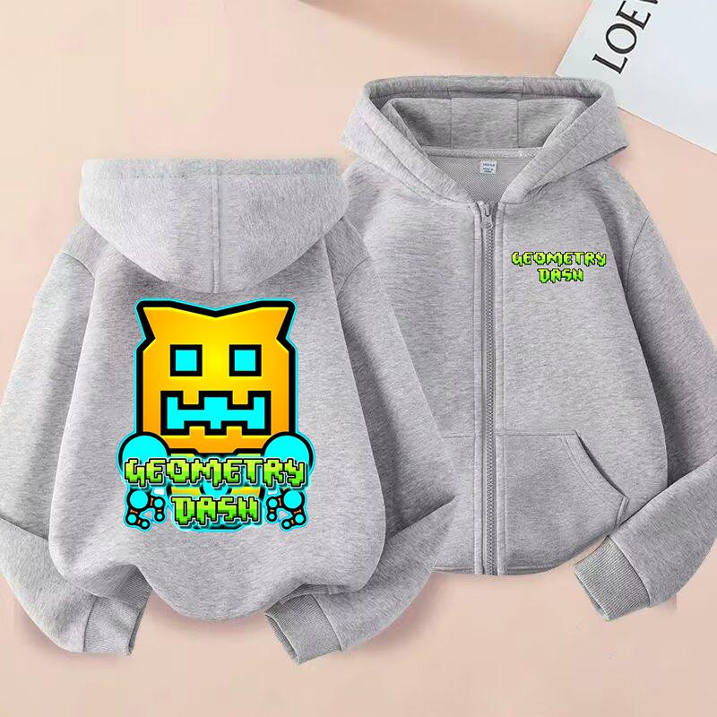 Sudadera con capucha y cremallera impresa de Geometry Dash Ropa para niño y niña Tops casuales Chaqueta abrigo de manga larga Sudaderas con cremallera de dibujos animados para niños