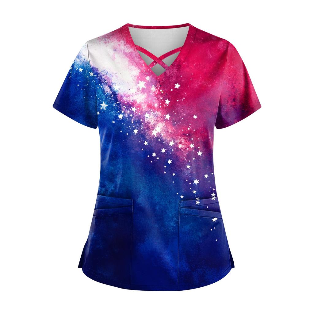 Top de damă cu mânecă scurtă Stagger cu decolteu în V cu imprimeu buzunar pentru asistentă uscată