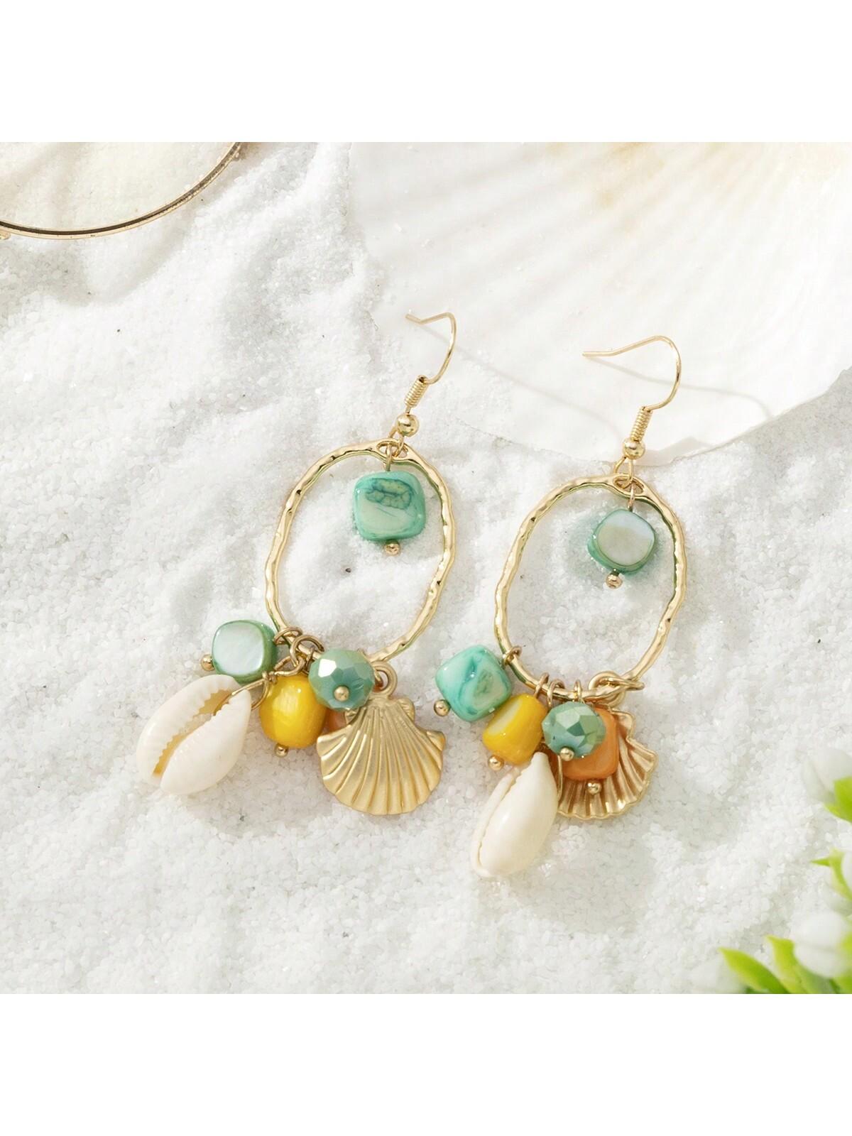 

1 пара женских серег-подвесок с красочными ракушками в стиле отпуска в стиле повседневного отдыха