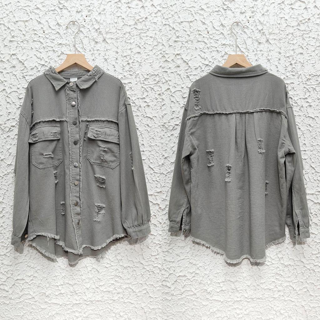 Ny 2023 Dame Høst/Vinter Denim Cardigan - Ensfarget, Enkeltradet Skjortejakke med Nedslått Krage