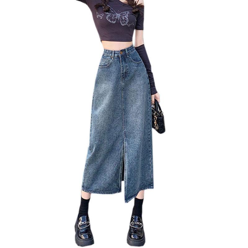 Front Split Female Summer High Waist Straight Covering Flesh A-Line Mid-Length Package Hip Skirt Versatile Comfortable Fashion Denim Bustier Skirt