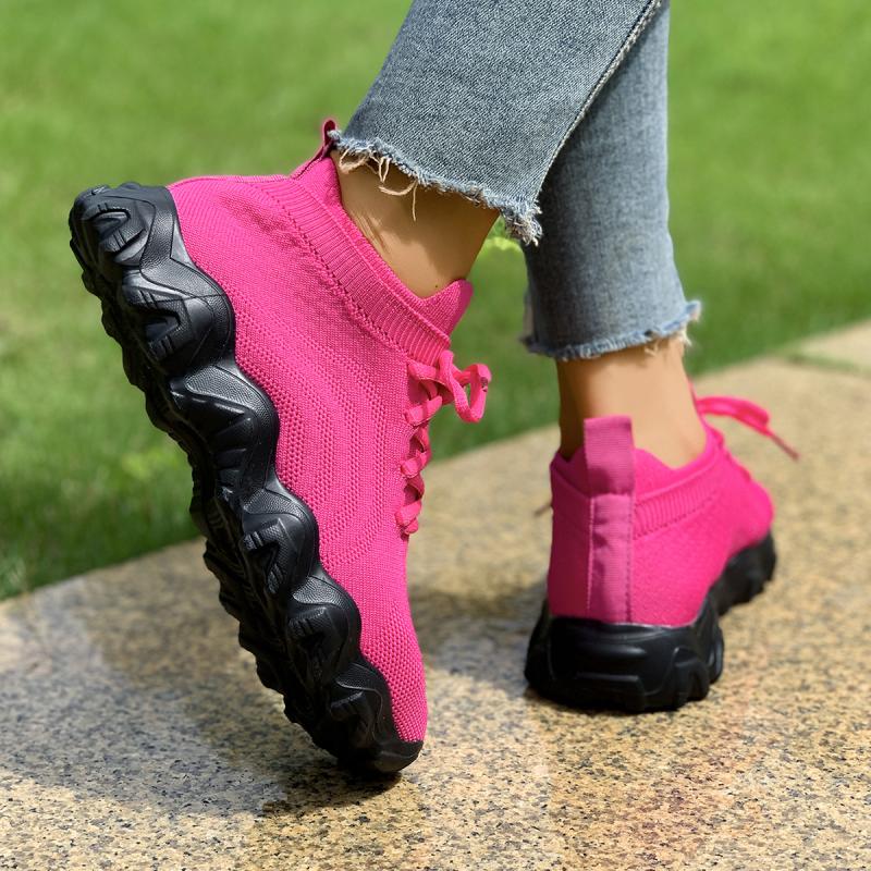 Sexy Hot Pink Breathable Mesh Sneakers Women 2025 Autumn Round Toe Soft Thick Bottom Sports Shoes Light Weight Running Shoes