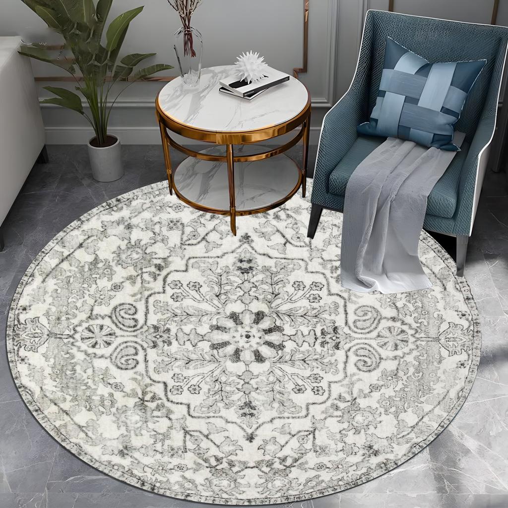 Round Vintage Floral Carpet - Soft Grey White Pattern, Non-Slip Area Rug for Living Room/Bedroom, Boho Home Decor Gift"