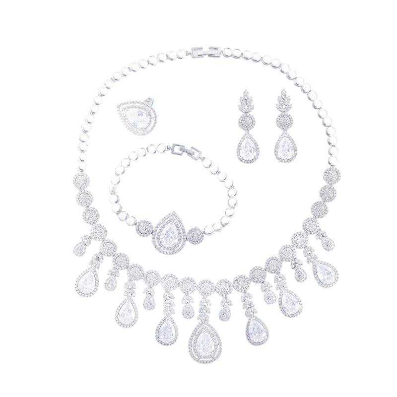 Women'S Zircon Four-Piece Chain Bridal Wedding Dress Dinner Dress Necklace Earrings Ring Bracelet Set
