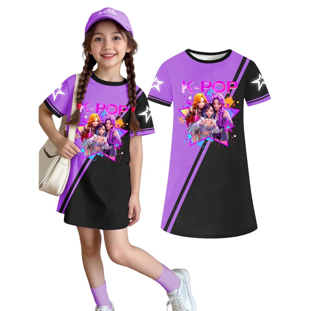 Girls Print Casual Dress Kids Loose Round Neck Short Sleeve Thin Sundress