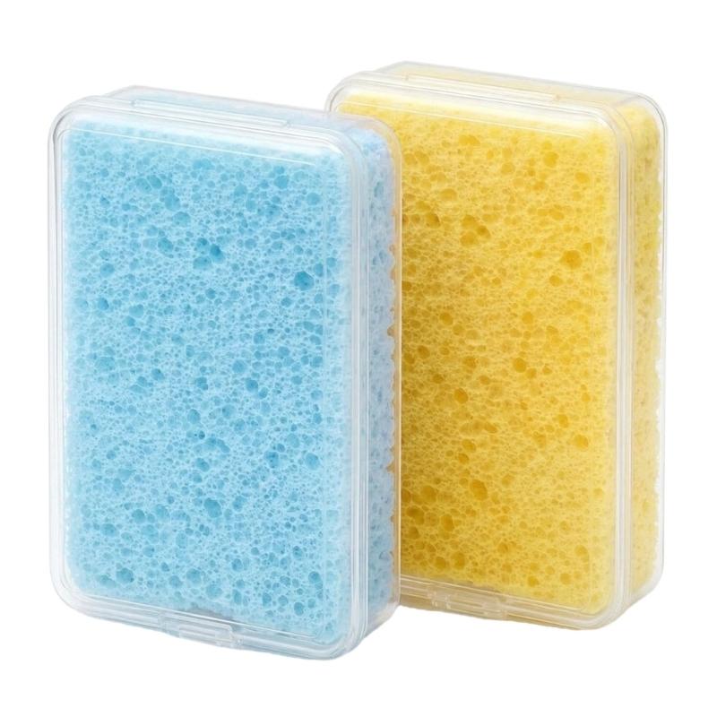 Oil Paint Brush Wash Sponge Set of 2, Rectangular Wood Fiber Sponge with Clear Storage Case for Color Separation, Brush Cleaning, Travel Kits