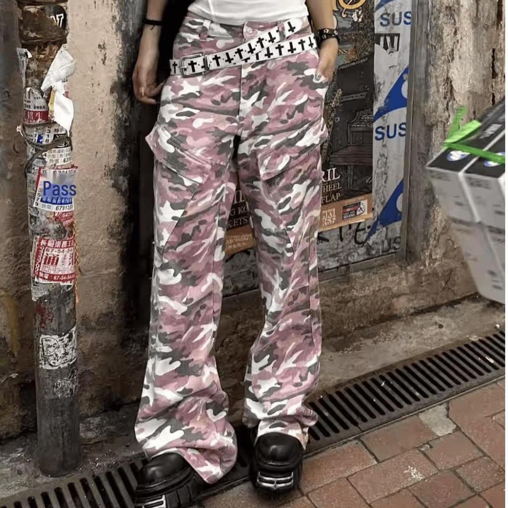 Men's Retro Pink Camo Hiphop Cargo Pants - Loose Fit, Wide-Leg Lumberjack Style
