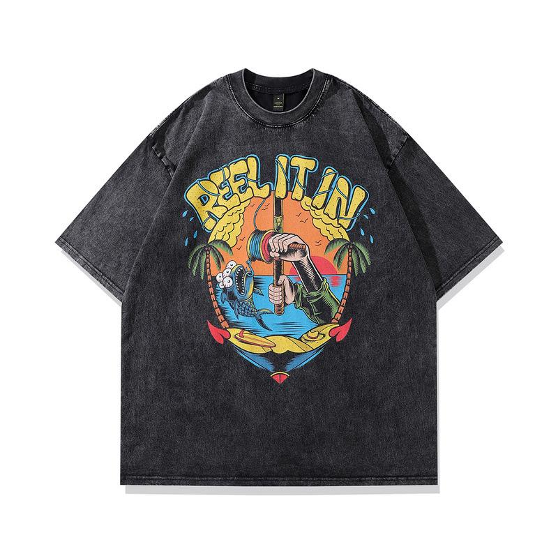 Guochao Gewaschenes Altes Animations-T-Shirt Kurzarm Herren und Damen Amerikanischer Retro Street Hip-Hop Trendiges Paar Halbarm
