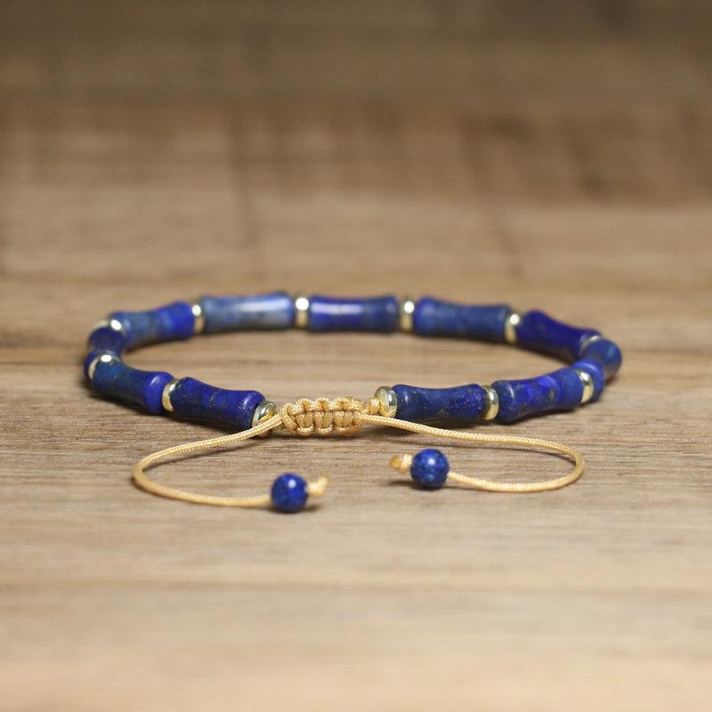 Blue Impression Jasper Tube Bead Bracelet – Gold Accent Adjustable Boho Jewelry, Protection Luck Gift for Women