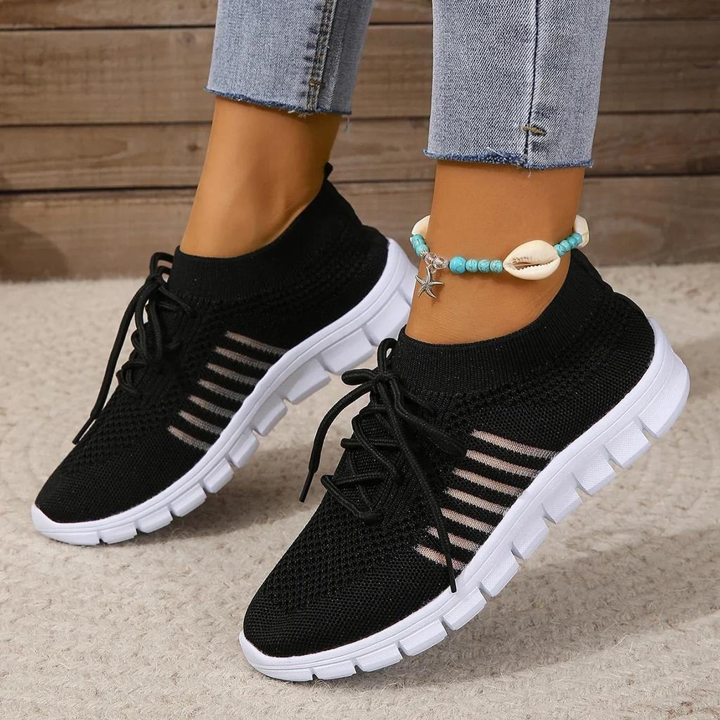 Fashion New Women Casual Flats Ladies Sport Shoes Woman Slip on Lace-Up Shoes All Color Chunky Sole Fashion Fly Knitting Mesh Shoes