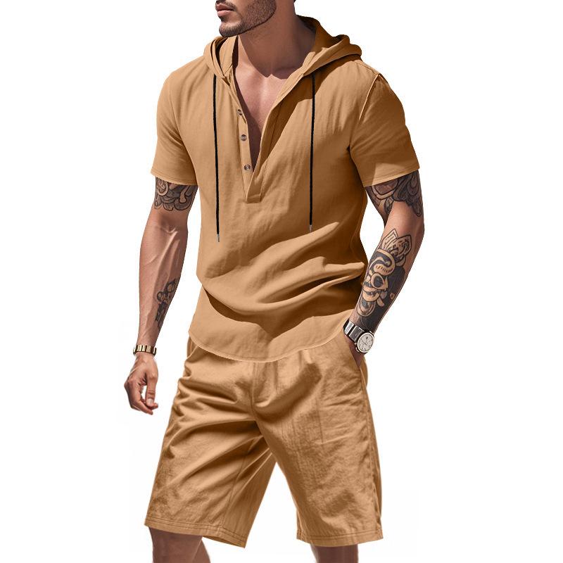 Men's Casual Linen Breathable Hooded Henley Shirt and Shorts Set