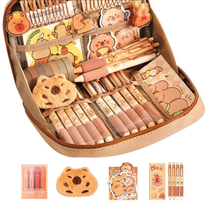 9Pcs Capybara Student School Stationeries With Large Pencil Case Eraser Pen Paper Clamp Highlighter Pen Ruler Sticker
