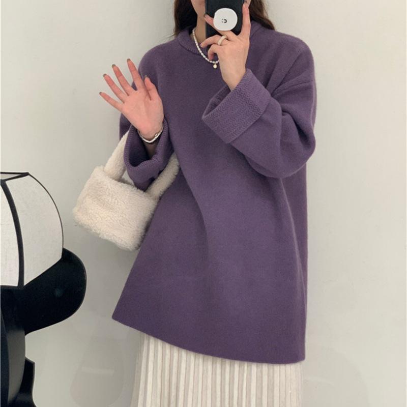 

Осень и Зима Большой Размер Свитер Женский Ленивый Стиль Мягкий Восковой Верхняя Одежда Однотонный Свободный Свитер Средней Длины M фиолетовый