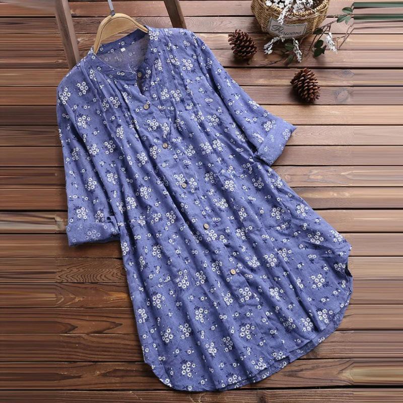 2019 Hot-Selling Women's Cotton & Linen Floral Loose Shirt, Medium and Long Length