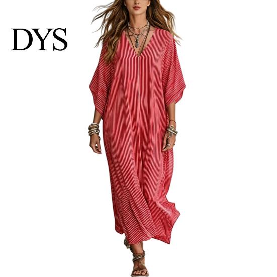 Breathable Beach Dress Women V-Neck Striped Dress, Summer Half Sleeve Casual Ankle Daily Length Loose Swing for Vacation Wear Soft