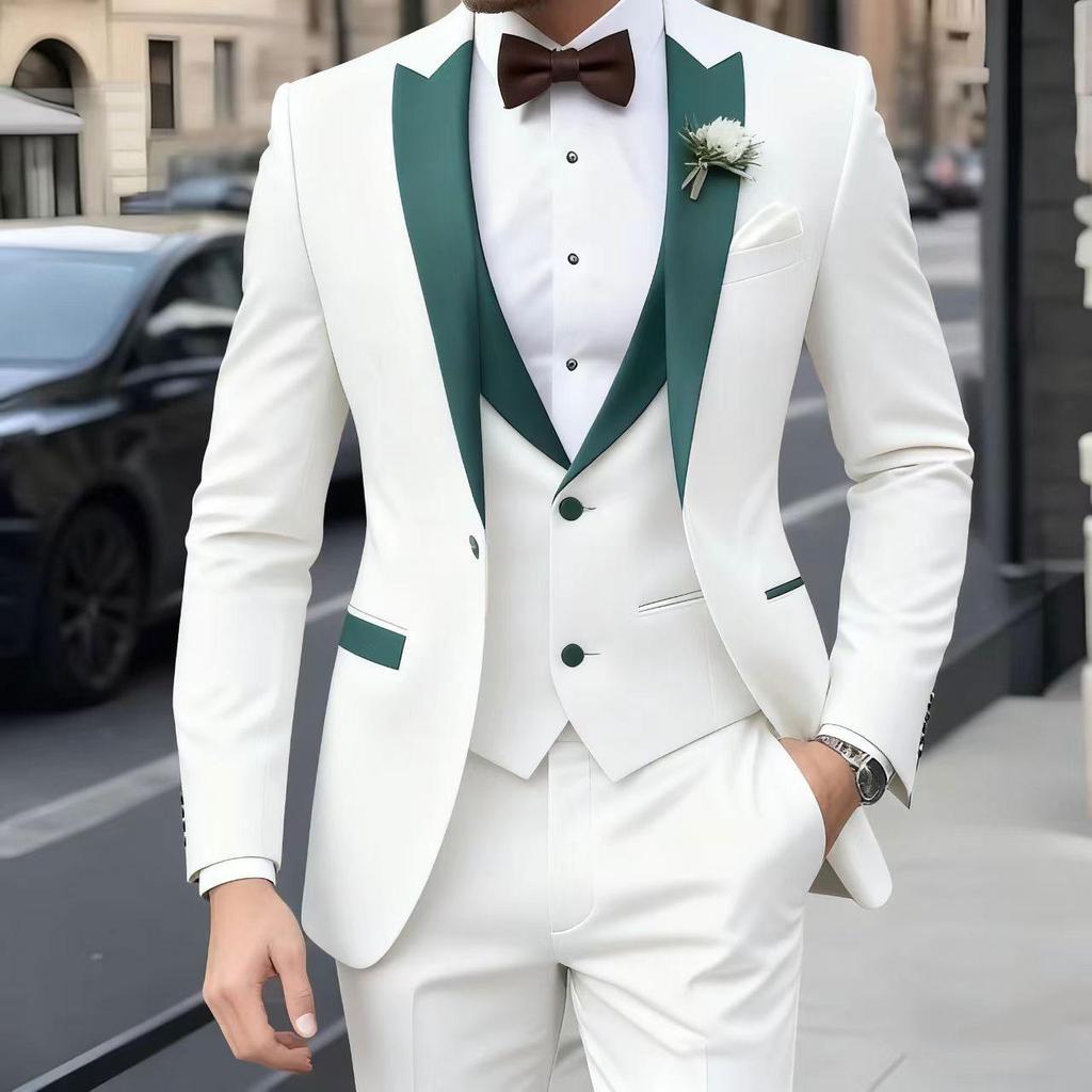 Fashion Brown Men Suits 3 Pcs Single Breasted Peak Lapel Slim Fit Jacket Pants Vest Full Sets Clothing (Jacket Vest Pants)