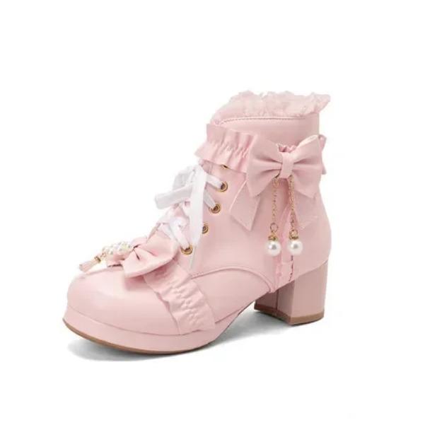 Lolita Great Quality Block High Heels Women Ankle Boots White Shoes Lace Decor Lace Up Chunky Heeled Bow Boots for Women