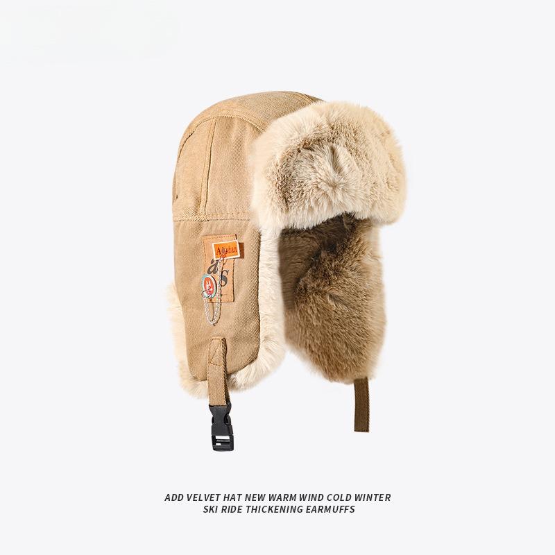 Winter Lei Feng hat men's and women's tide thickened windproof warm ear protection cycling hat plush sticker chain flying cotton hat
