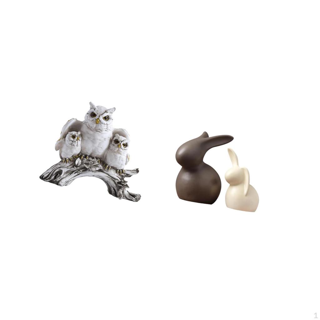 Owl Figurines Sculpture Tabletop Ornament Porcelain Bunny Statue Set for Living Room Office Cabinet