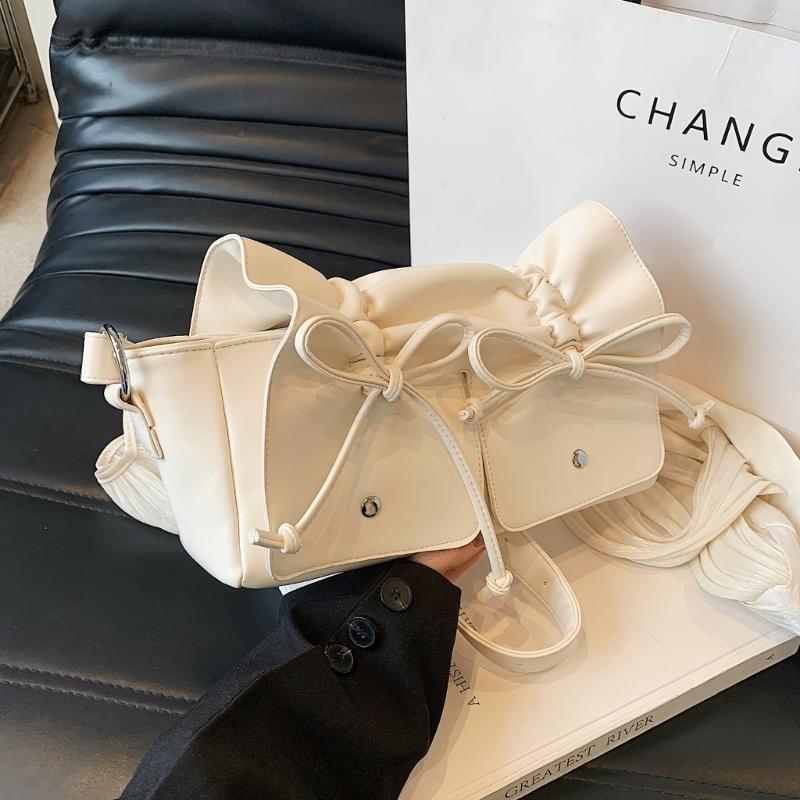 Womens Aesthetic PU Leather Underarm Bag Pleated Sweet Bowknot Shoulder Crossbody Bag Adjustable Armpit Handbag Purse
