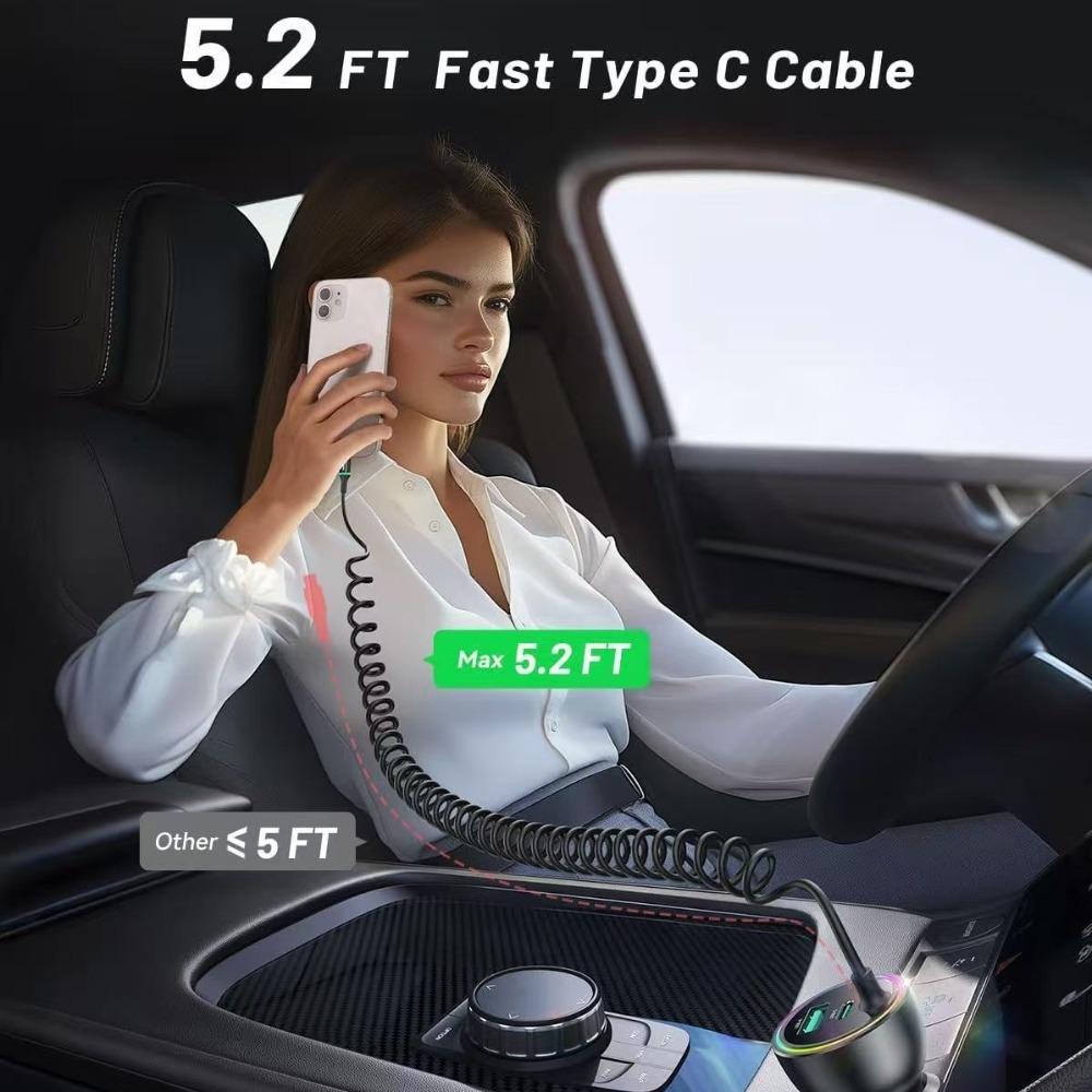 70W USB C Type-C Car Charger Black LED Light Spring Charging Cable Super Fast Charge for iPhone 16 15 Pro Max
