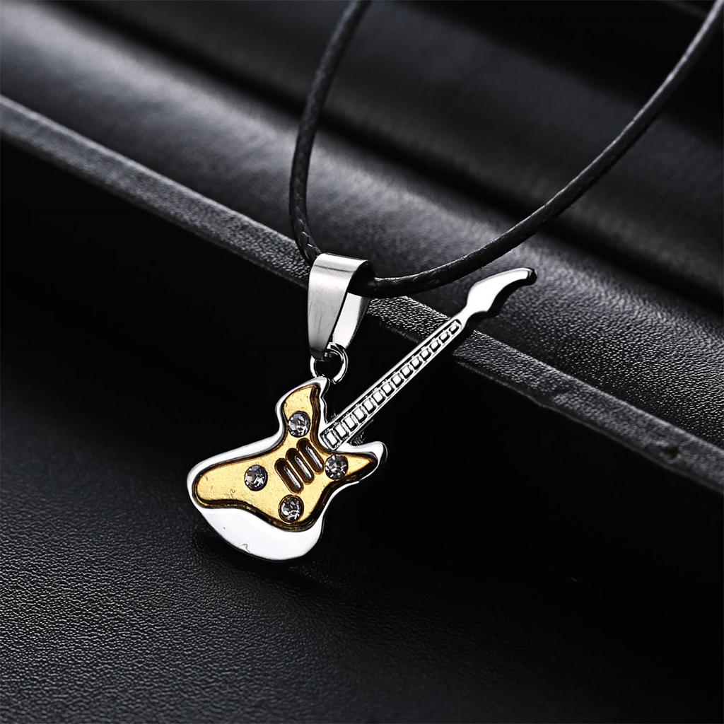 Stainless Steel Guitar Pendant Necklace For Men Women Retro Punk Musical Instrument Rope Chain Choker Party Jewelry Gift