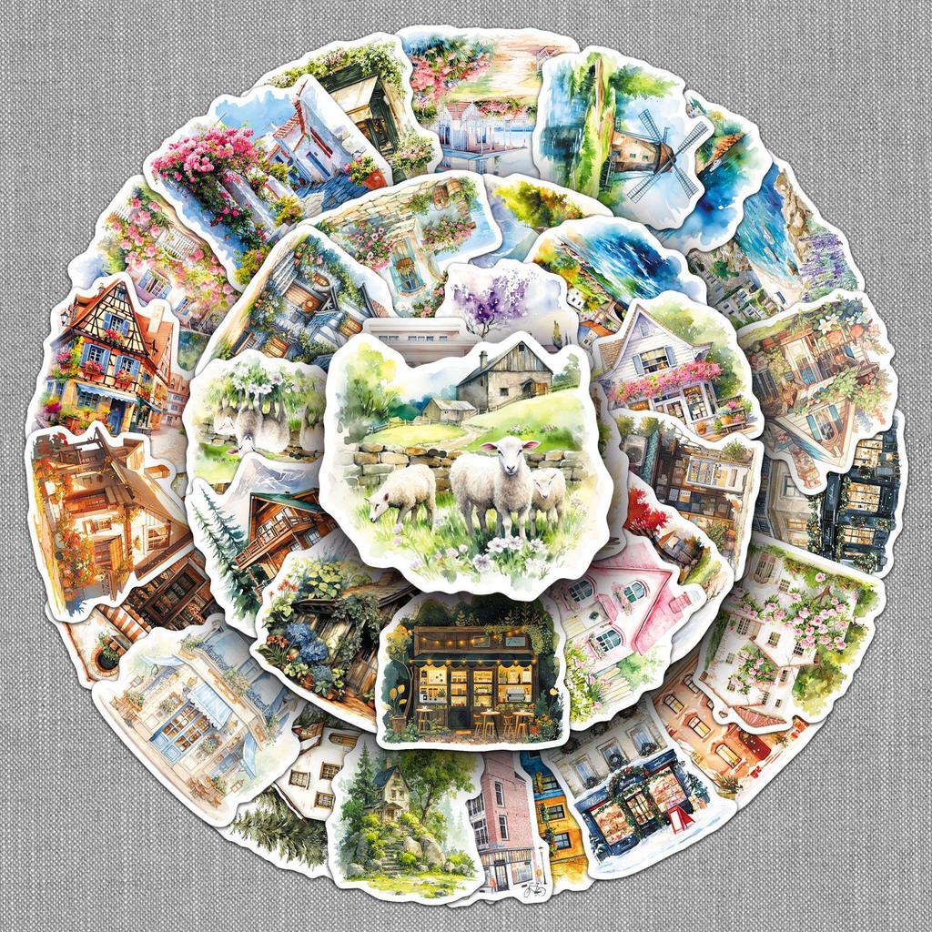 50 Stück Künstlerische Kleinstadt-Landschaftsaufkleber - INS-Stil Haus- & Gebäude-Designs, Wasserdichte DIY-Journalkarten