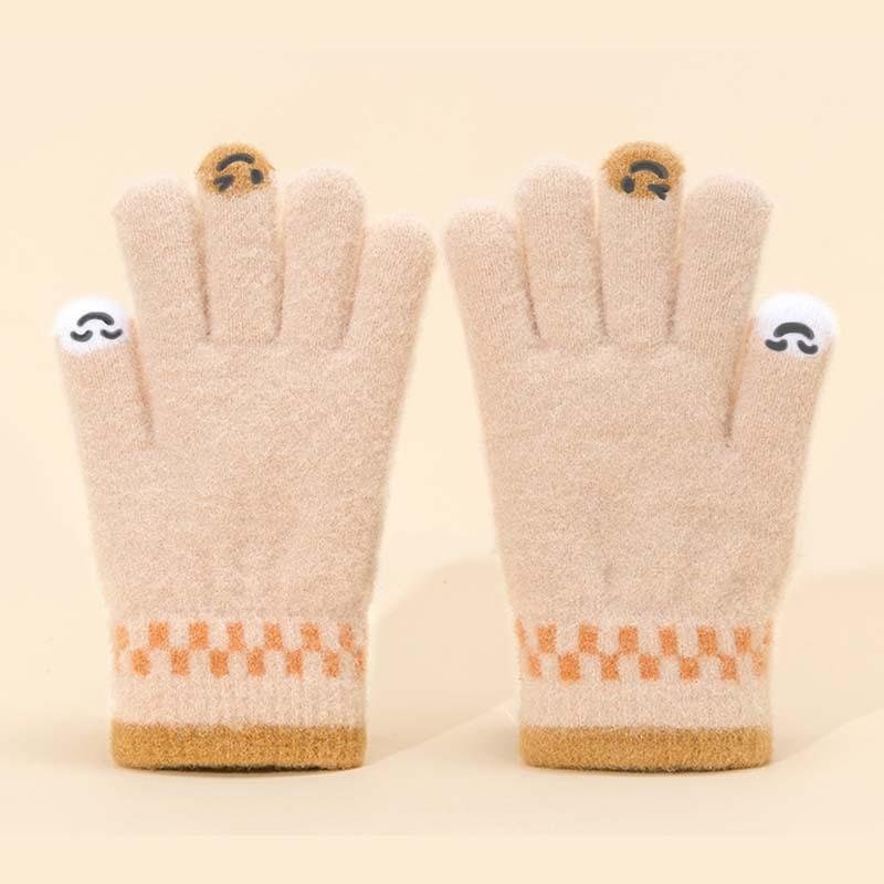 Herbst- und Winterwarme Studenten-Fünffinger-Plüschhandschuhe gestrickte Finger Cartoon Smiley-Gesicht einfache Plüsch-Fahrradhandschuhe