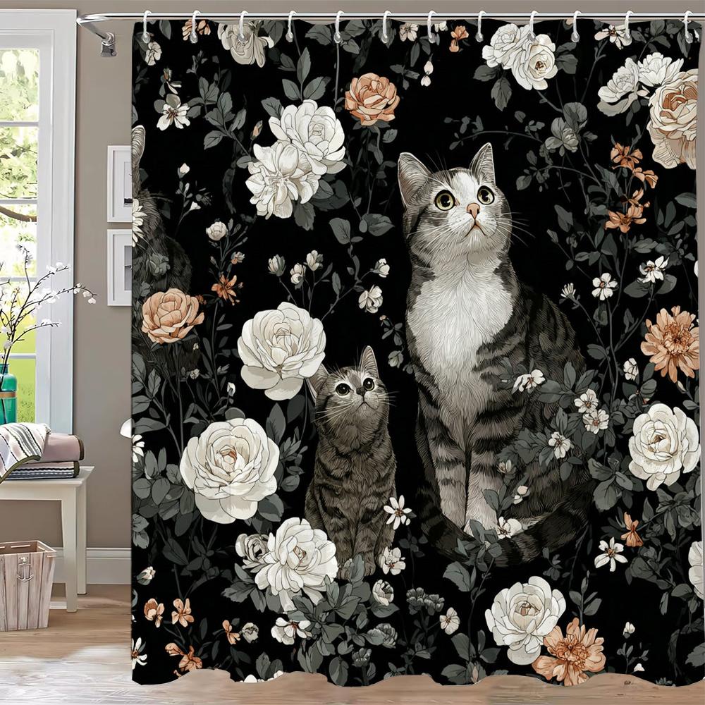Cartoon Cat Shower Curtain, Plant leaves Bathroom Decorative Shower Curtain, Printed Fabric Home Curtain with Hooks