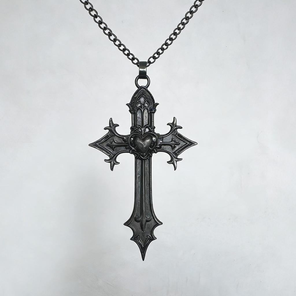 Stylish Gothic Inspire Necklace With Intricate Crosses And Heart Detail