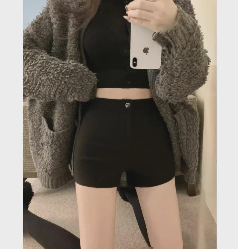 Damshorts med hög midja, A-linje, plusstorlek, förtjockad sammet för höst/vinter - Svarta, ledig passform för stövlar