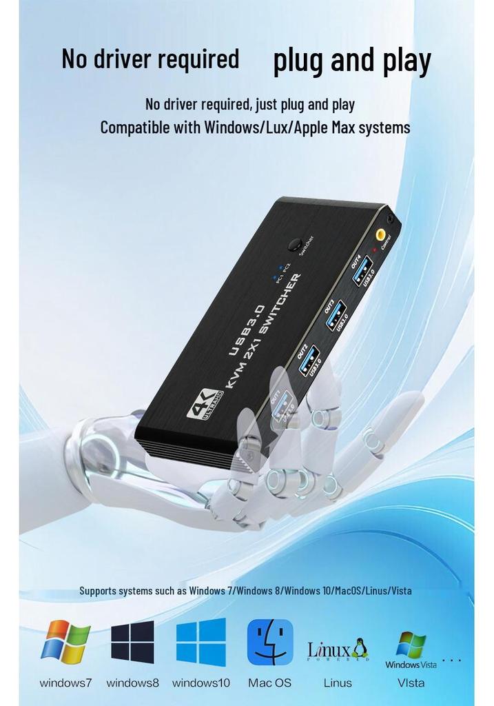 4K HDMI USB 3.0 KVM Switch: 2-PC Input, 1-Output Converter