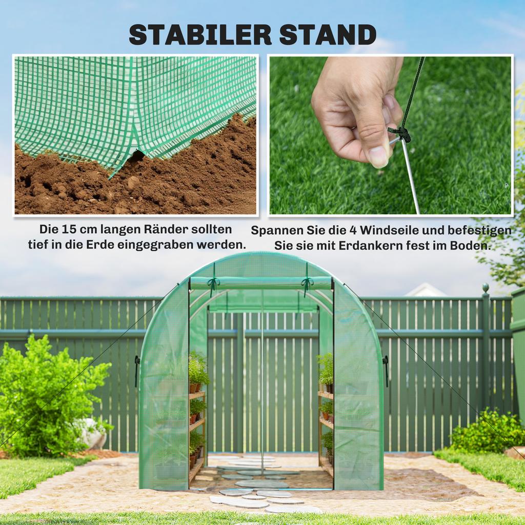 Greenhouse 3 X 2 X 2 M Poly Greenhouse with Roll-Up 2 Zipper Doors & 6 Mesh Windows Support Bars Green