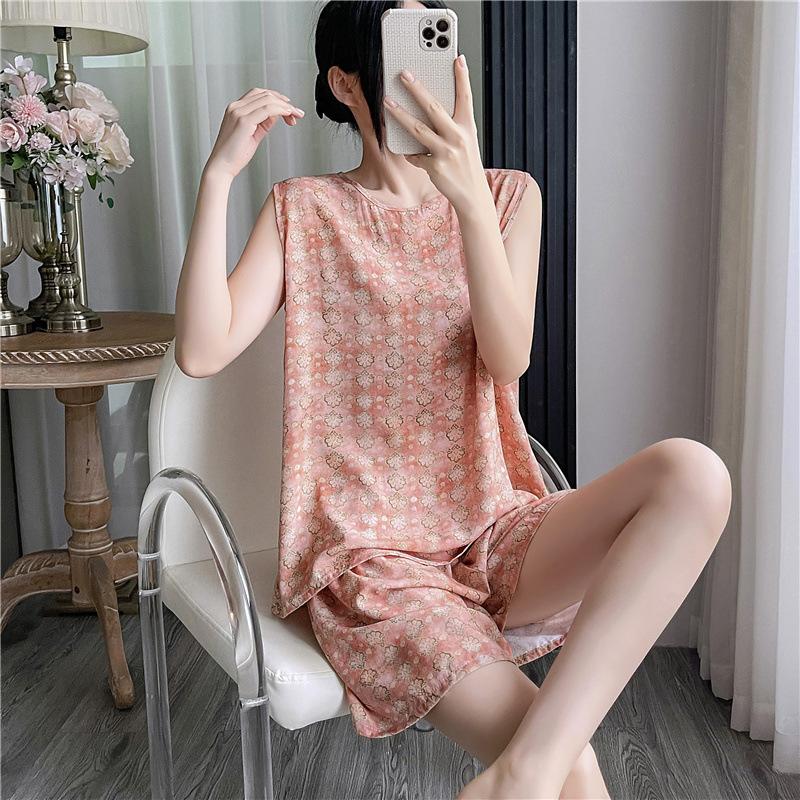Cotton and silk pajamas women's summer thin loose sleeveless artificial cotton loungewear can be worn outside student cotton silk suit plus size