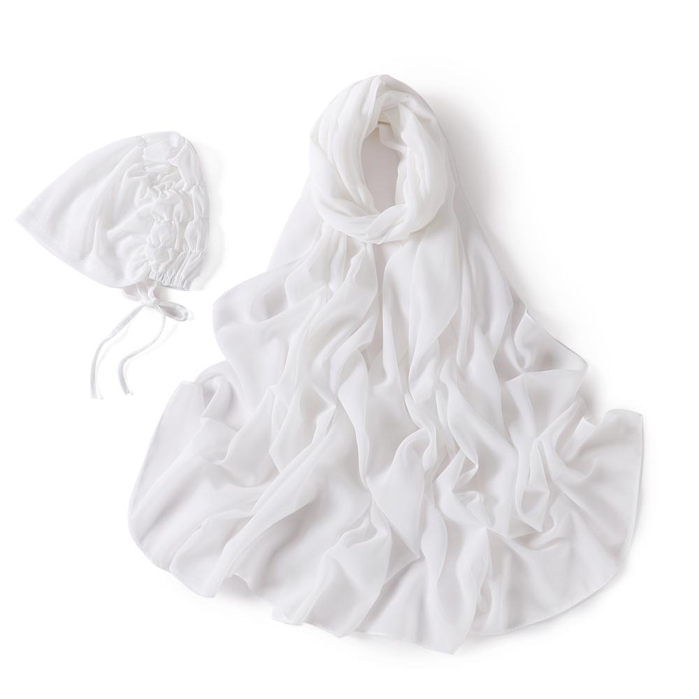 2 Piece Set High Quality Pearl Chiffon Scarf With Spandex Inner Cap Hijab Solid Color Woman Chiffon Headscarf Matching Undercap