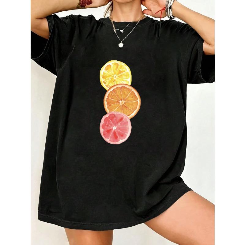 Black Oversized T Shirt With Citrus Fruit Print For  Casual Wear