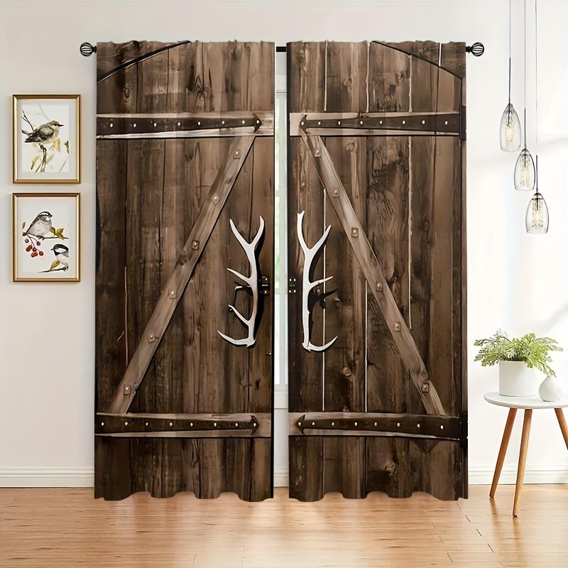 2 Panels Vintage Wooden Door Pattern Printed Curtains for Living Room Bedroom,Translucent Light Filter Fashionable Home Decor